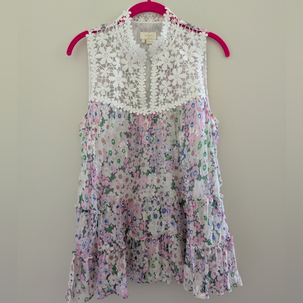 KATE SPADE Silk Lace Devore Blouse WOMEN'S L Pink Daisy Floral Romantic Ruffles - Picture 3 of 16
